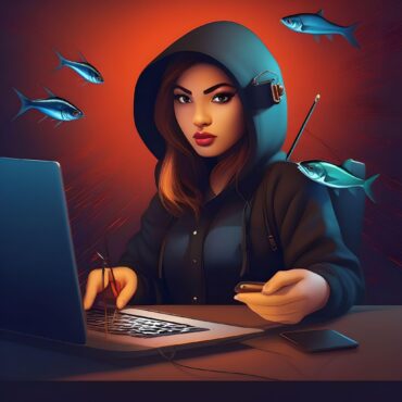 ai-generated photo of a woman phishing at a laptop.